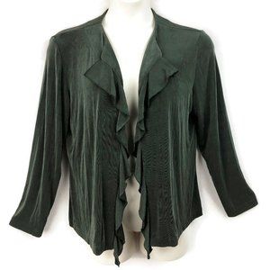 Chicos Travelers 3 Olive Green Womens XL 16 Ruffle Open Front Cardigan Sweater